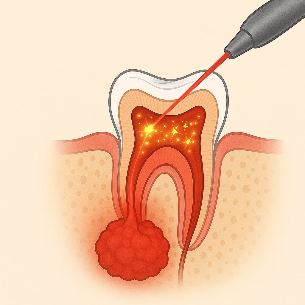 Laser root canal treatment removing infection and relieving pain in tooth.
