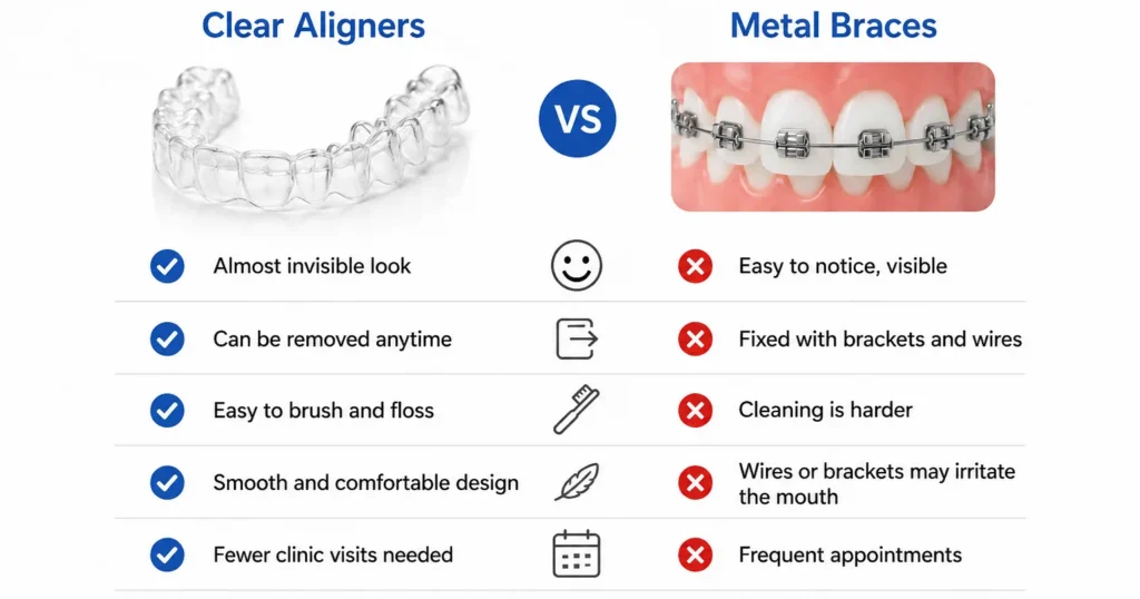 Clear aligners vs metal braces comparison guide Clear aligners vs metal braces comparison guide